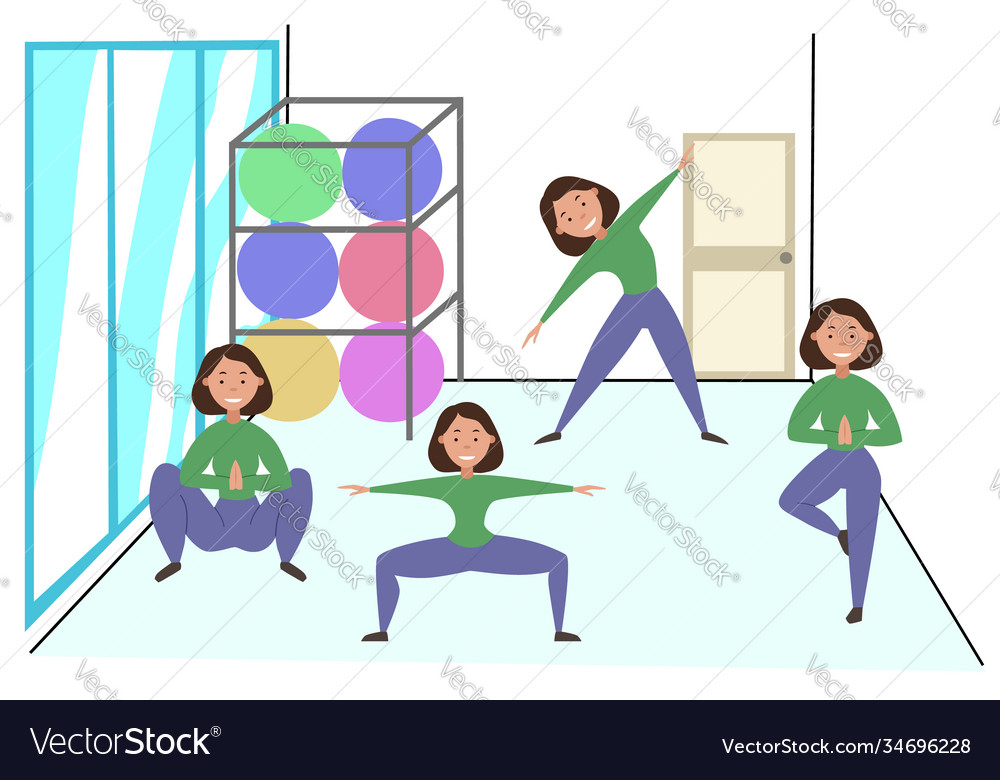 Frauen trainieren in pilates fitnessstudio die mädchen vector image Frauen trainieren in pilates fitnessstudio die mädchen