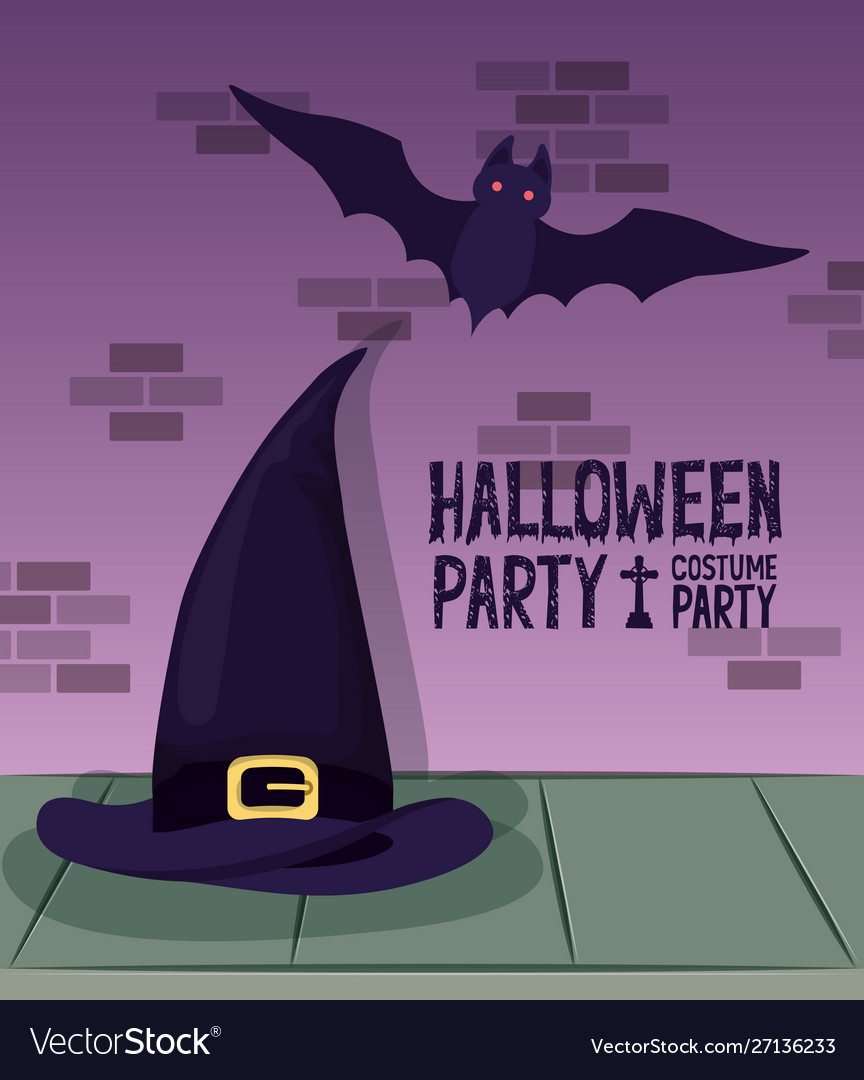 Halloween celebration card with witch hat and bat