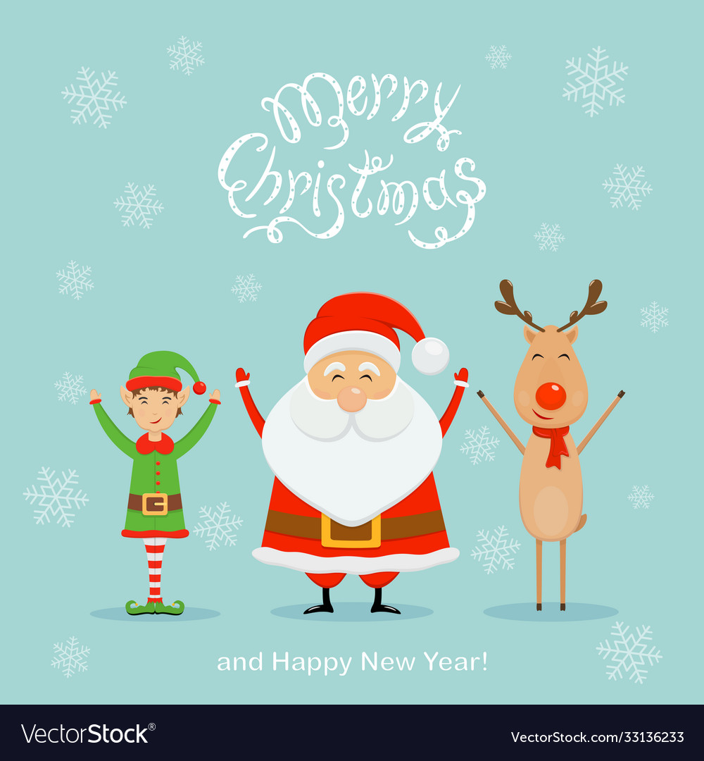 Happy santa with elf and reindeer on a blue Vector Image