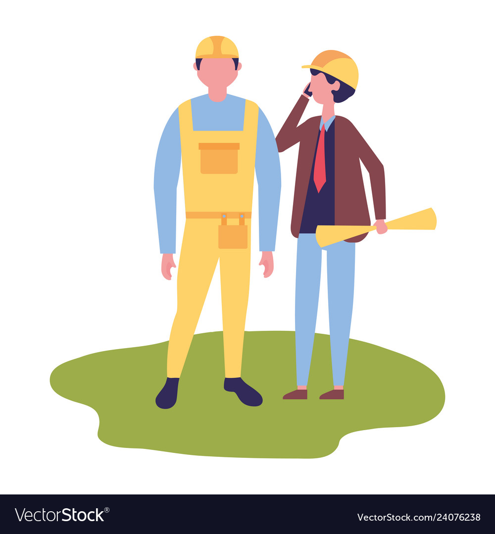 Architect man with blueprints and foreman worker