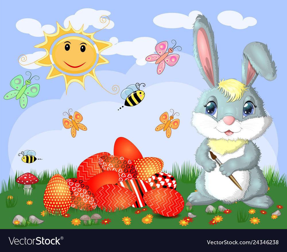 Easter bunnies near the basket with eggs Vector Image