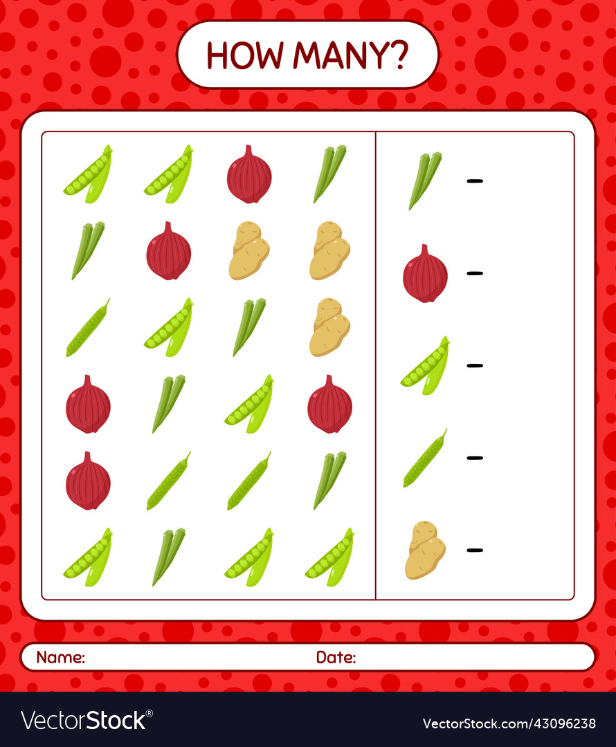 How many counting game with vegetables worksheet vector image How many counting game with vegetables worksheet