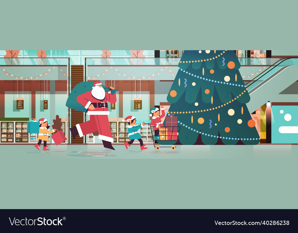 Santa claus with mix race elves preparing for new Vector Image