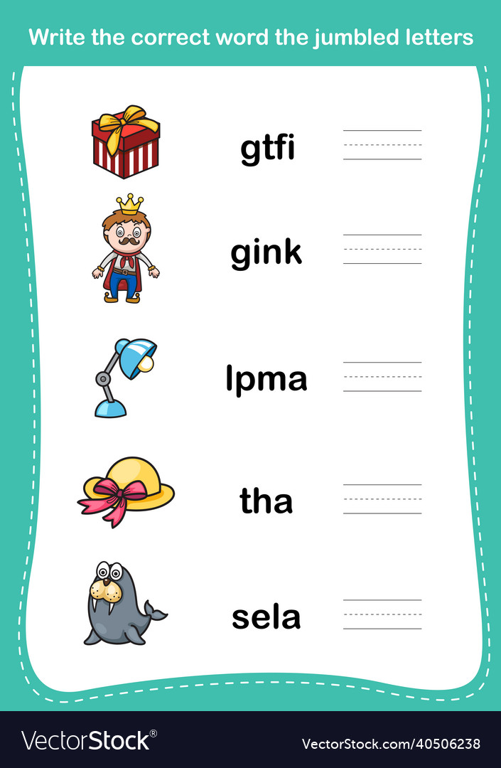 Write the correct word jumbled letters vector image Write the correct word jumbled letters