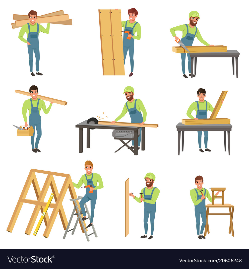 Cartoon set of carpenter characters at work