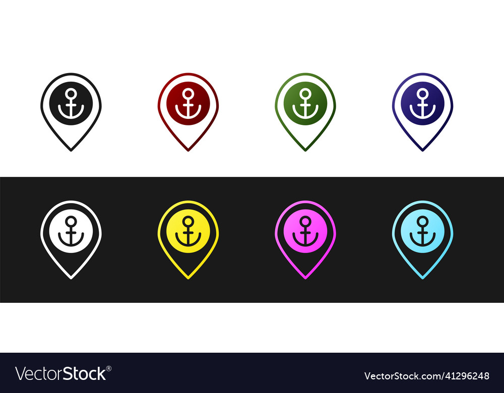 Set map pointer with anchor icon isolated on black