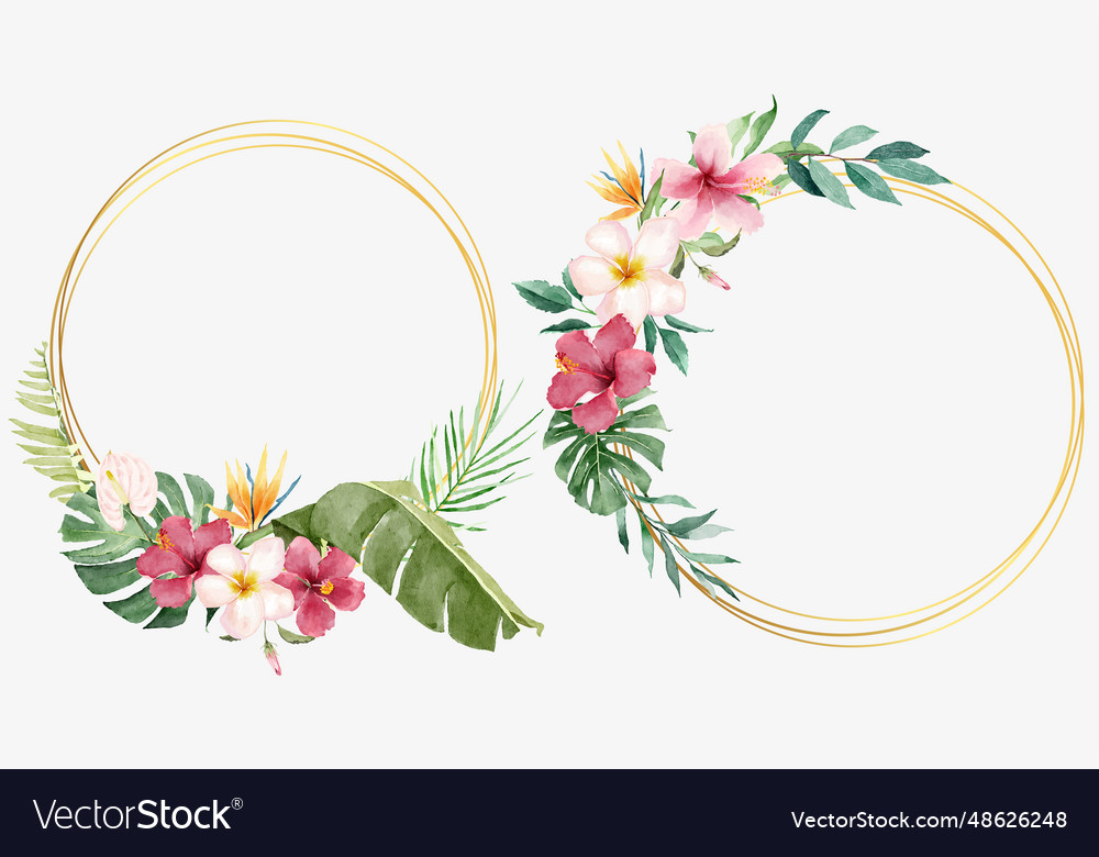 Watercolor tropical flowers with round frames