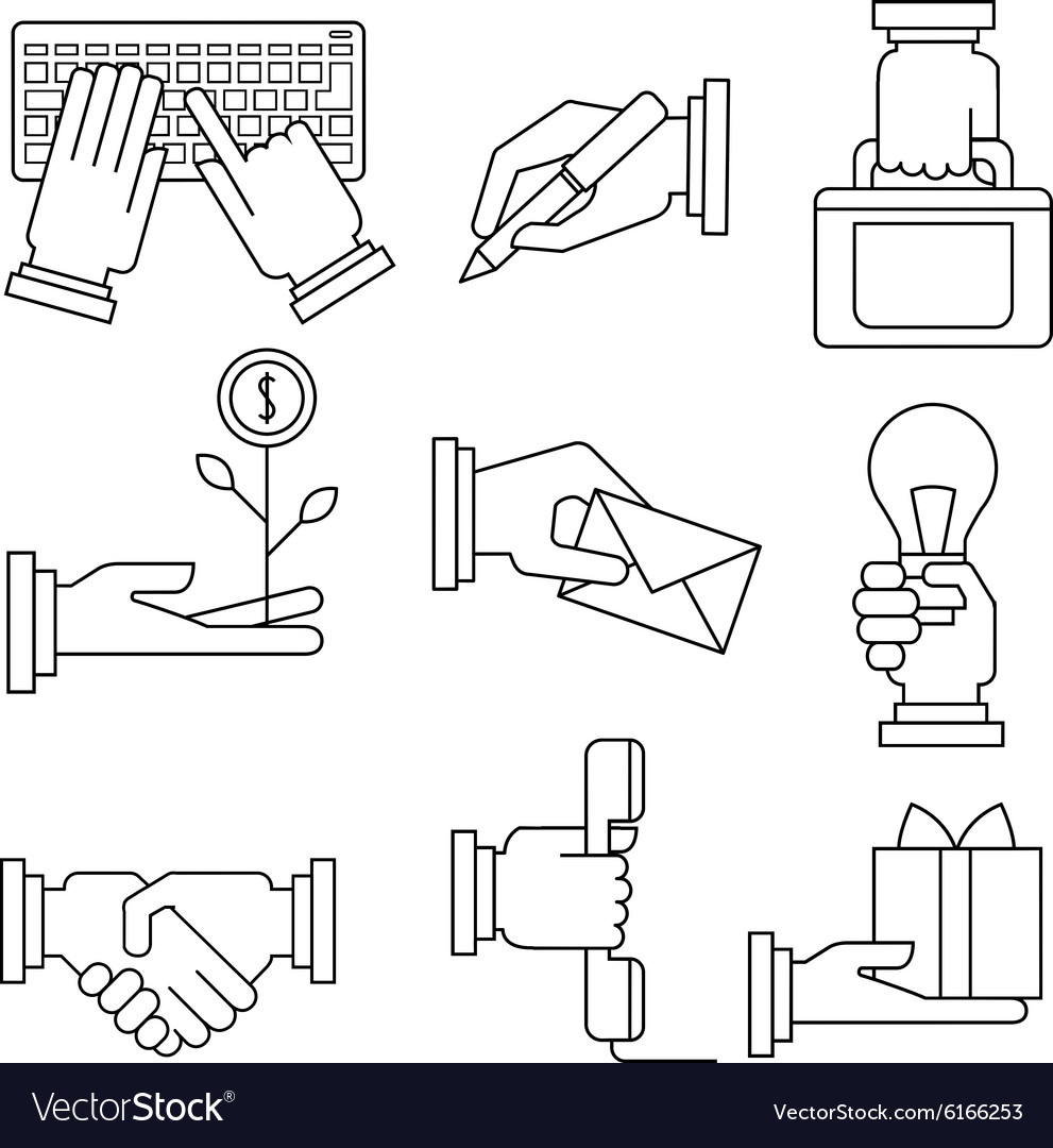 Business icons set with hands in linear style