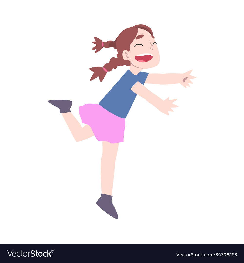 Cute happy naughty little girl with braids running