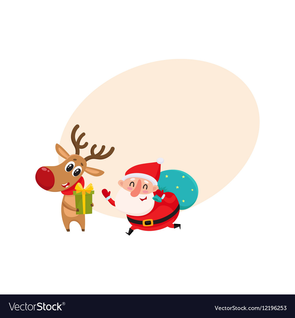 Funny santa claus and reindeer in red scarf