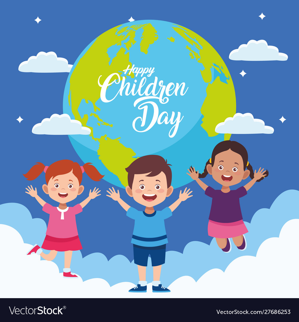 Happy children day with kids in world planet Vector Image