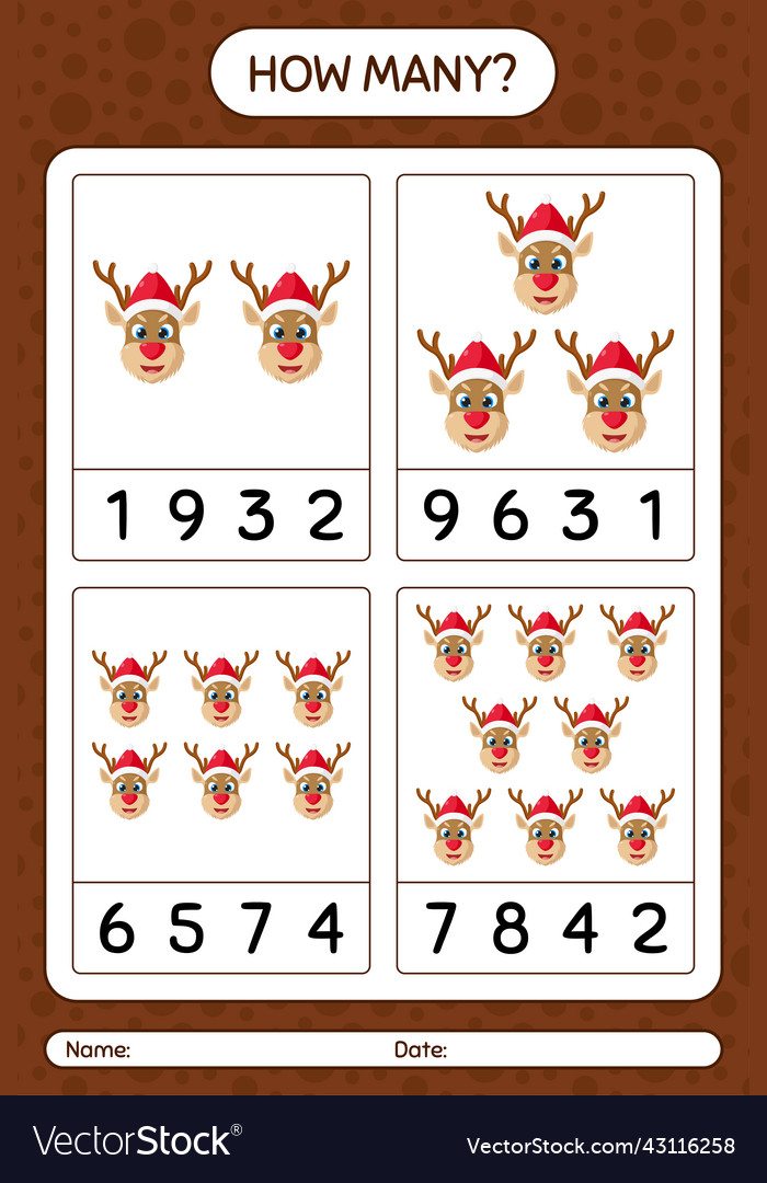 How many counting game with reindeer worksheet Vector Image How many counting game with reindeer worksheet