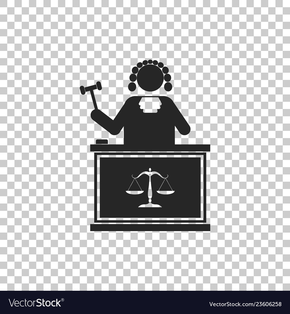 Judge with gavel on table icon isolated