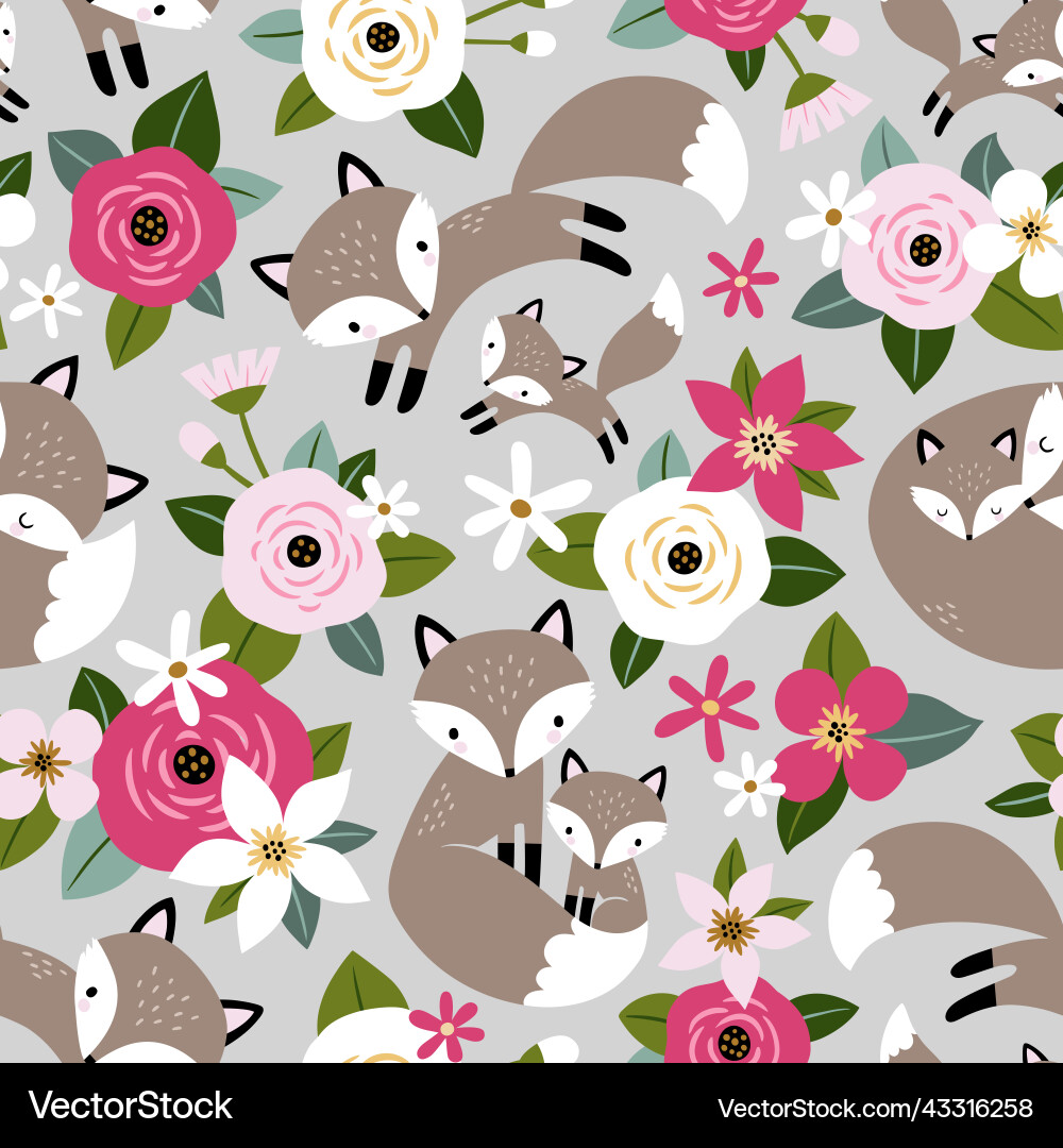 Seamless pattern with cute foxes and flowers Vector Image