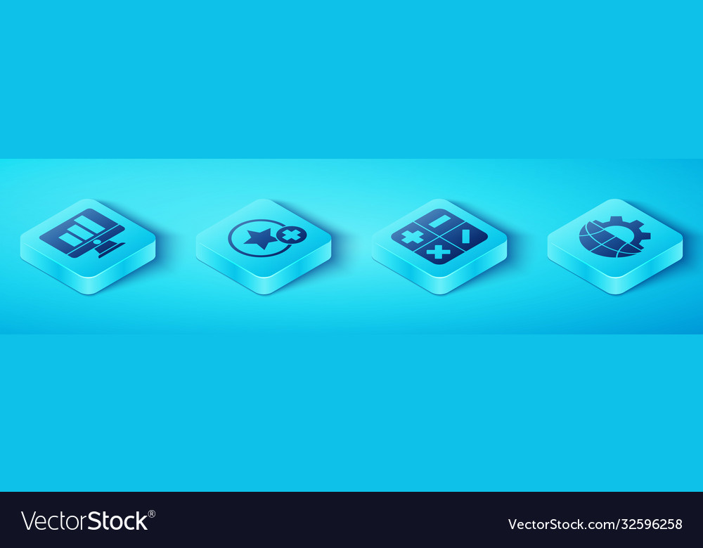 Set isometric monitor with graph chart star vector image Set isometric monitor with graph chart star