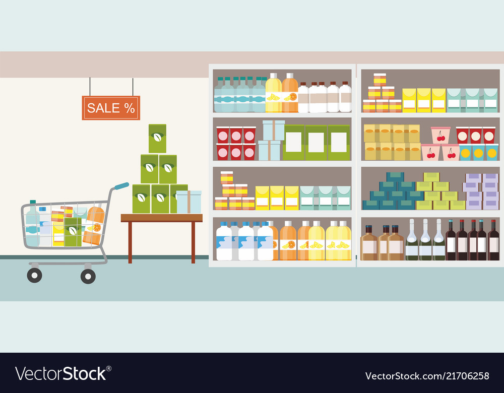 Supermarket interior commodity product on shelf Vector Image