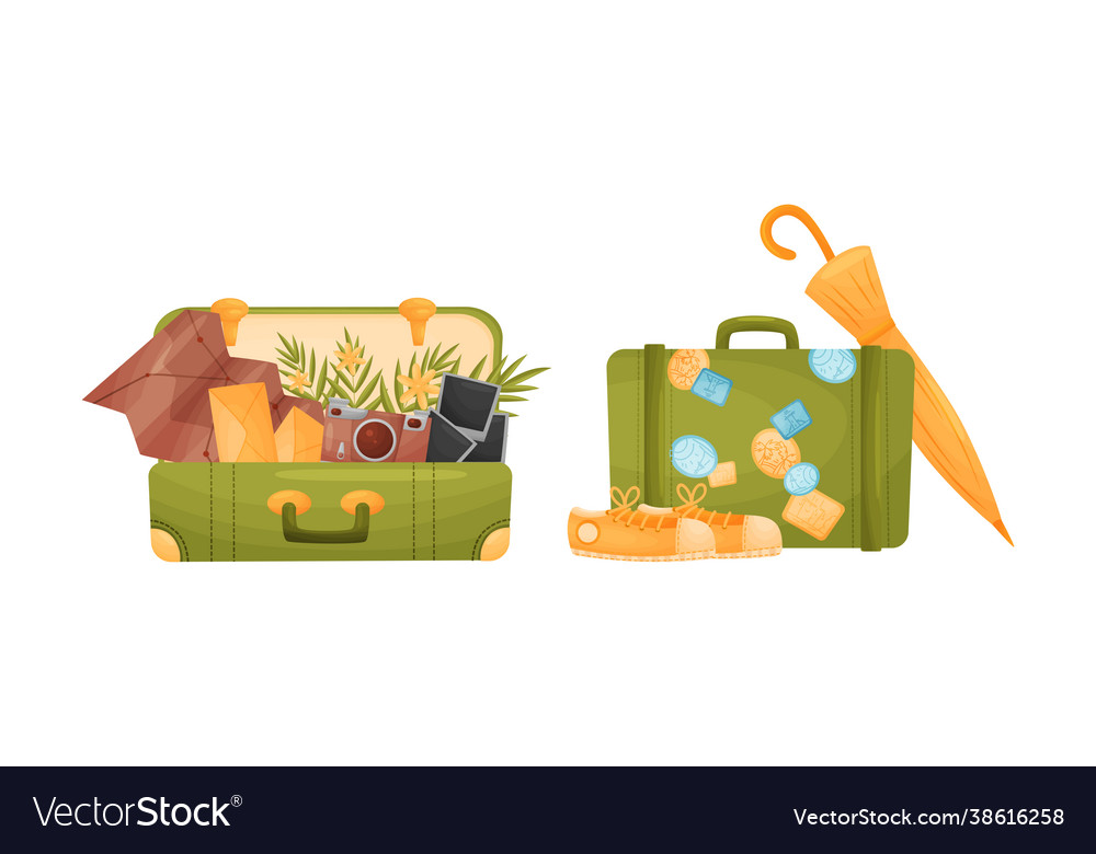 Travel suitcase and trunks with stickers vector image Travel suitcase and trunks with stickers