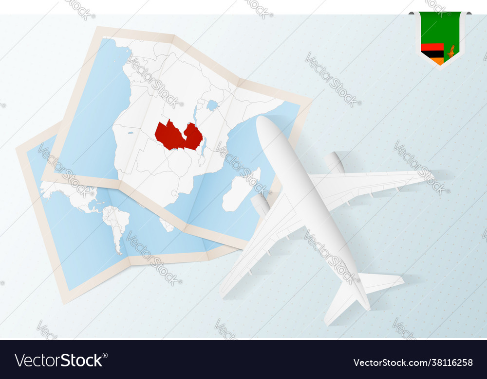 Travel to zambia top view airplane with map