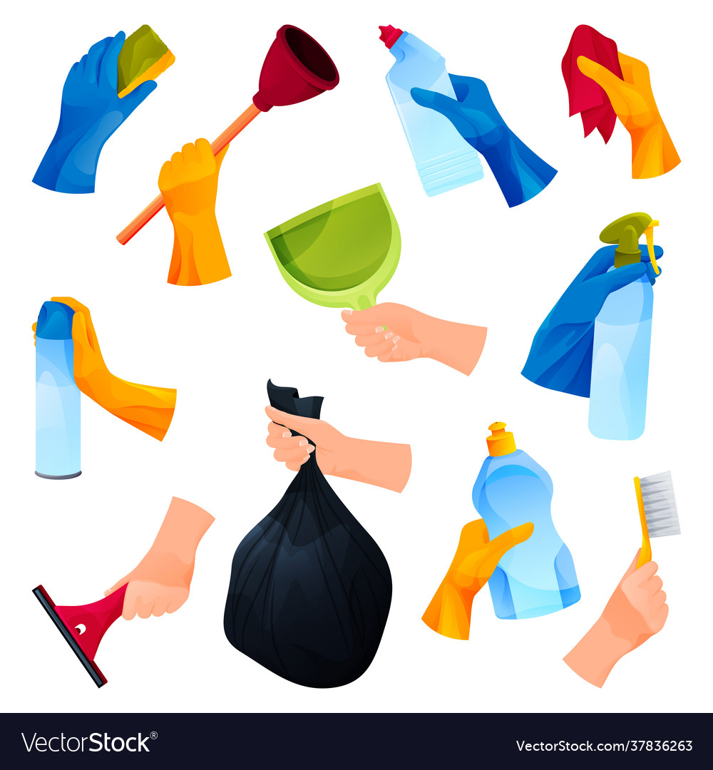 Cleaning products or cleaners hands icons set Vector Image