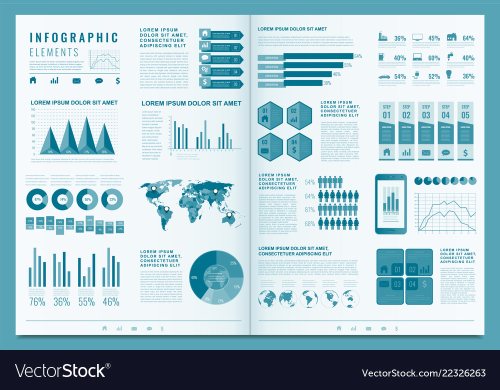 Infographic elements with world map and charts Vector Image Infographic elements with world map and charts
