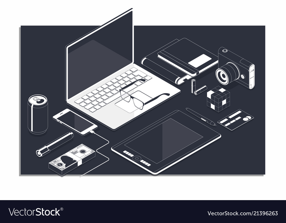 Isometric concept of workplace with computer