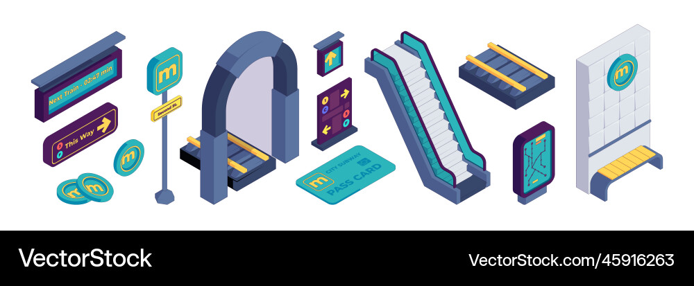 Isometric subway set metro elements with train Vector Image