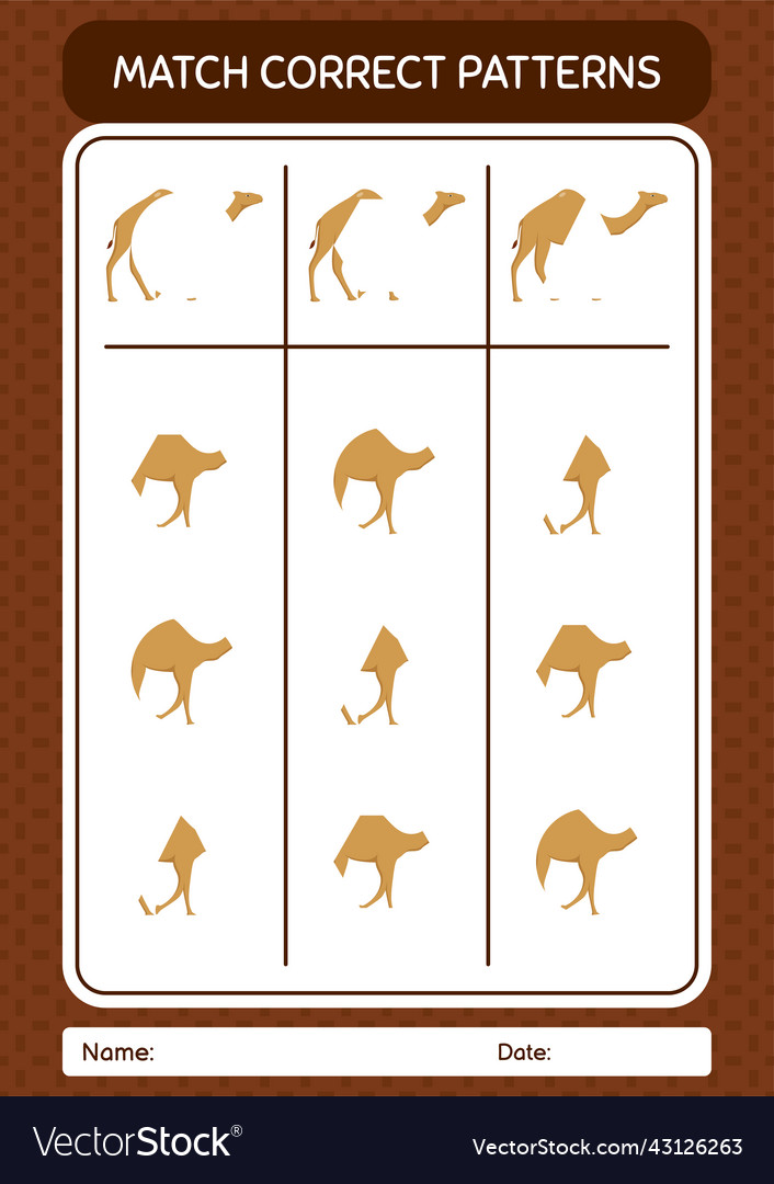 Match pattern game with camel worksheet vector image Match pattern game with camel worksheet