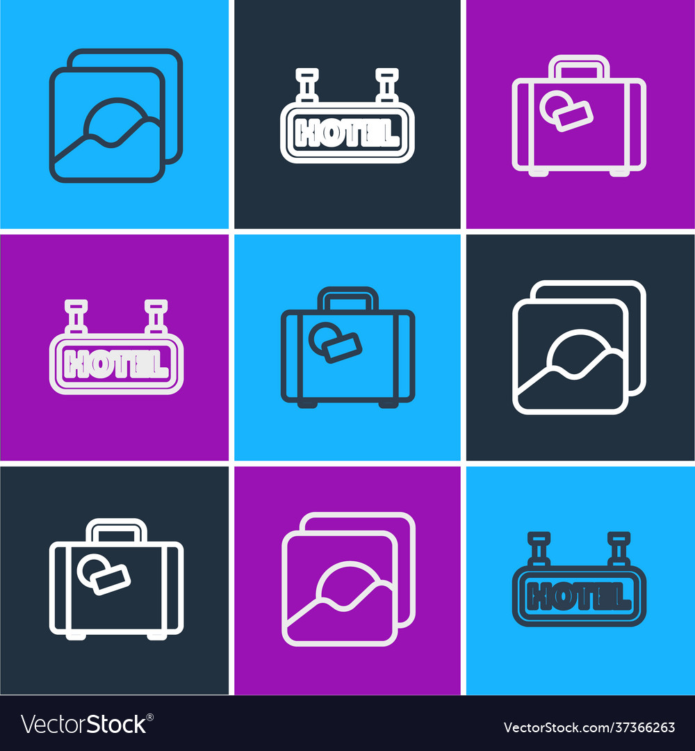 Set line photo suitcase and signboard with text vector image Set line photo suitcase and signboard with text