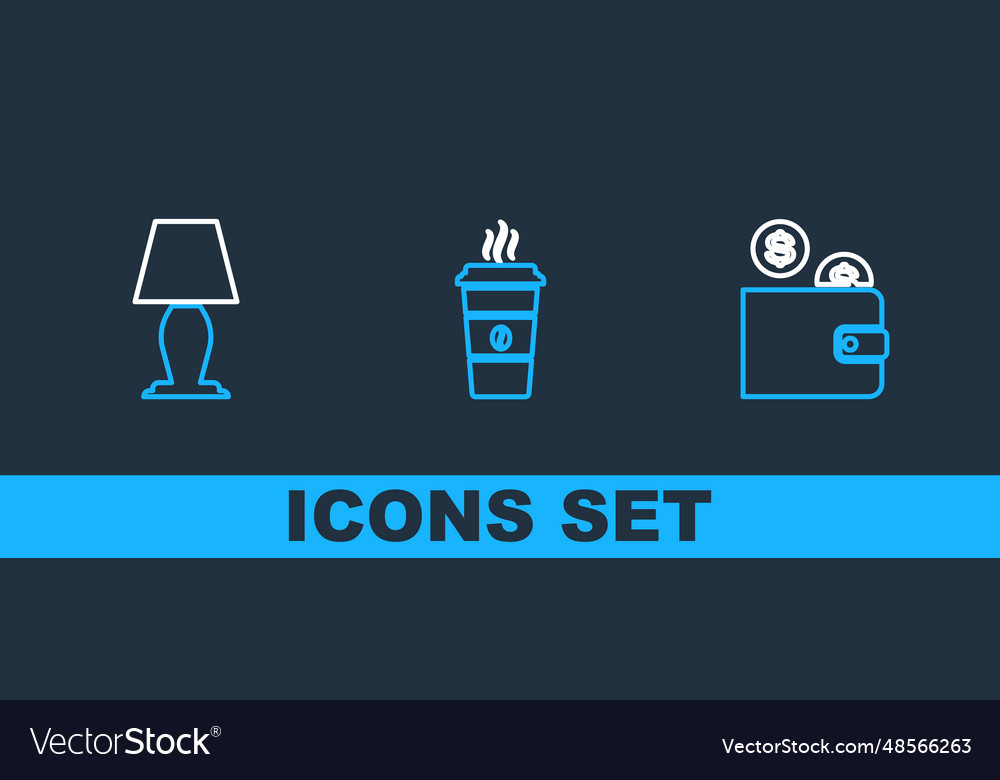 Set line wallet with coin table lamp and coffee vector image Set line wallet with coin table lamp and coffee