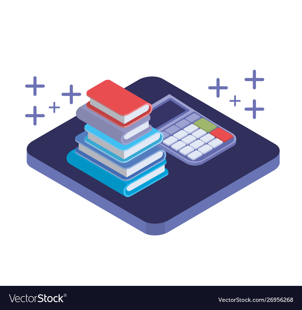 Calculator with stack books in white background vector image Calculator with stack books in white background