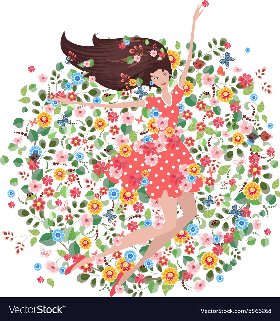 Happy young woman on the floral meadow eco