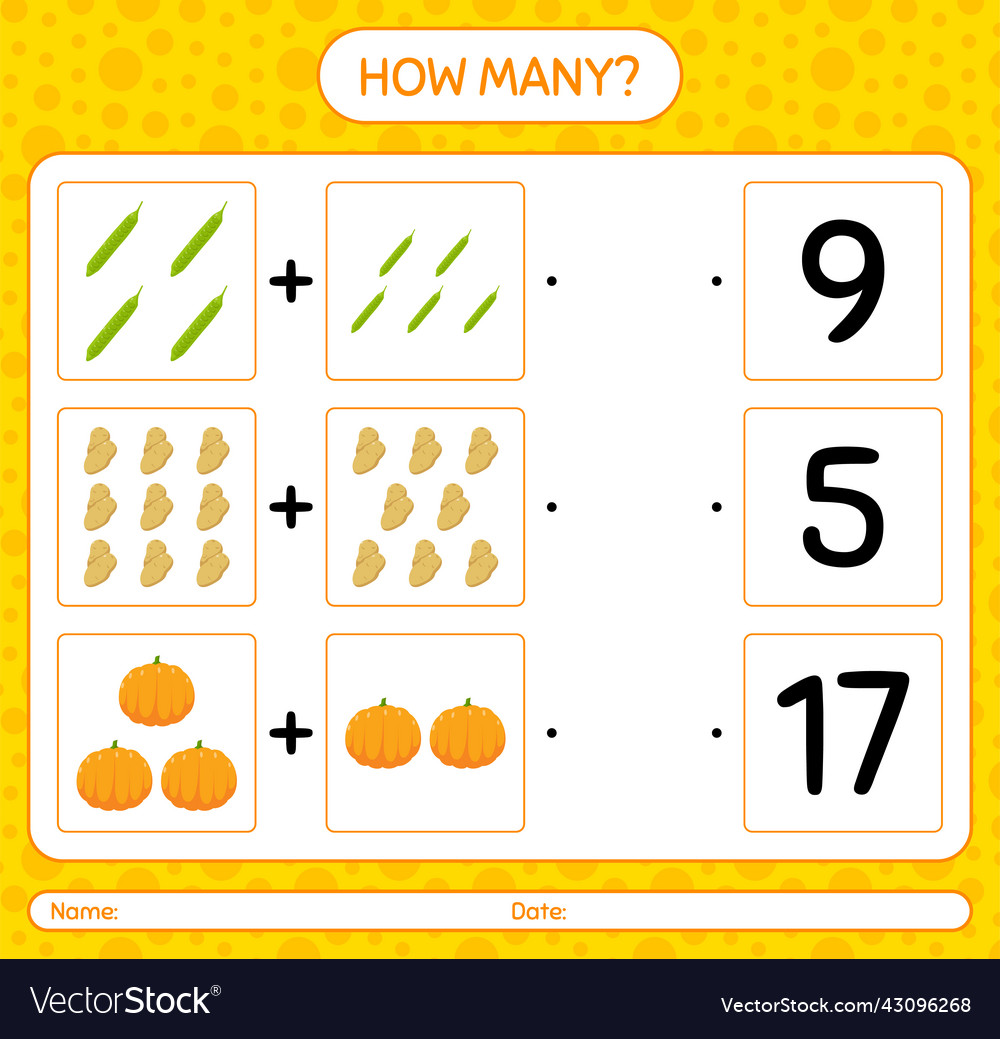 How many counting game with vegetables worksheet vector image How many counting game with vegetables worksheet