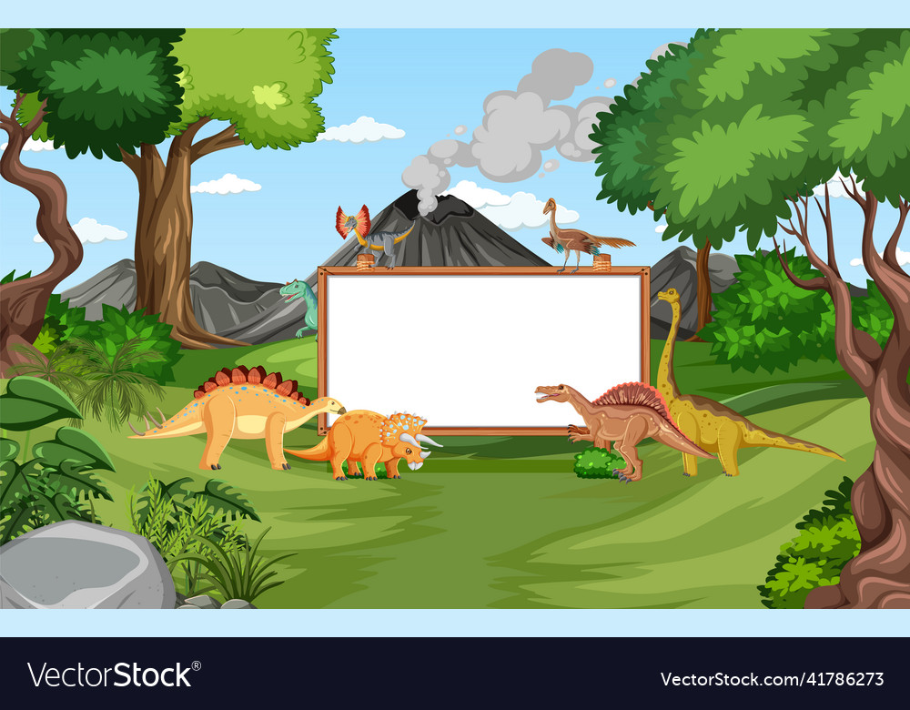 Board design with dinosaurs in forest vector image Board design with dinosaurs in forest