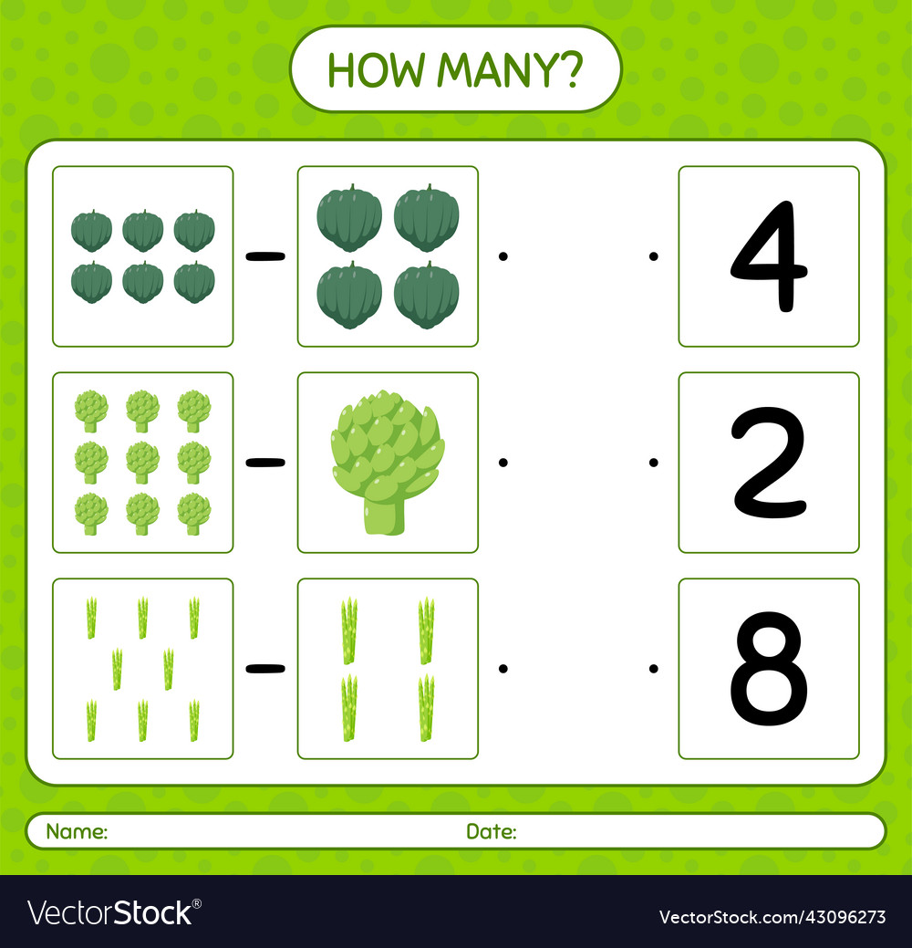 How many counting game with vegetables worksheet Vector Image How many counting game with vegetables worksheet
