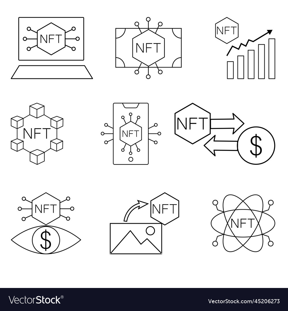 Nft technology line icon set crypto or logo vector image Nft technology line icon set crypto or logo
