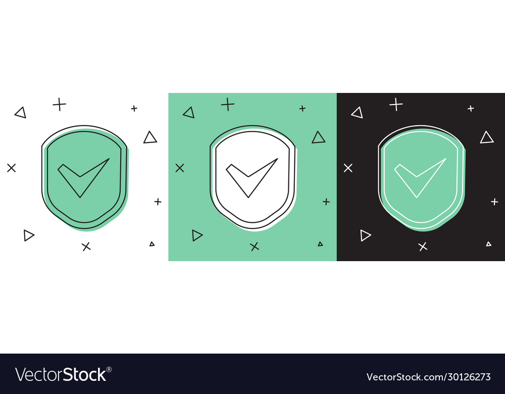 Set shield with check mark icon isolated on white