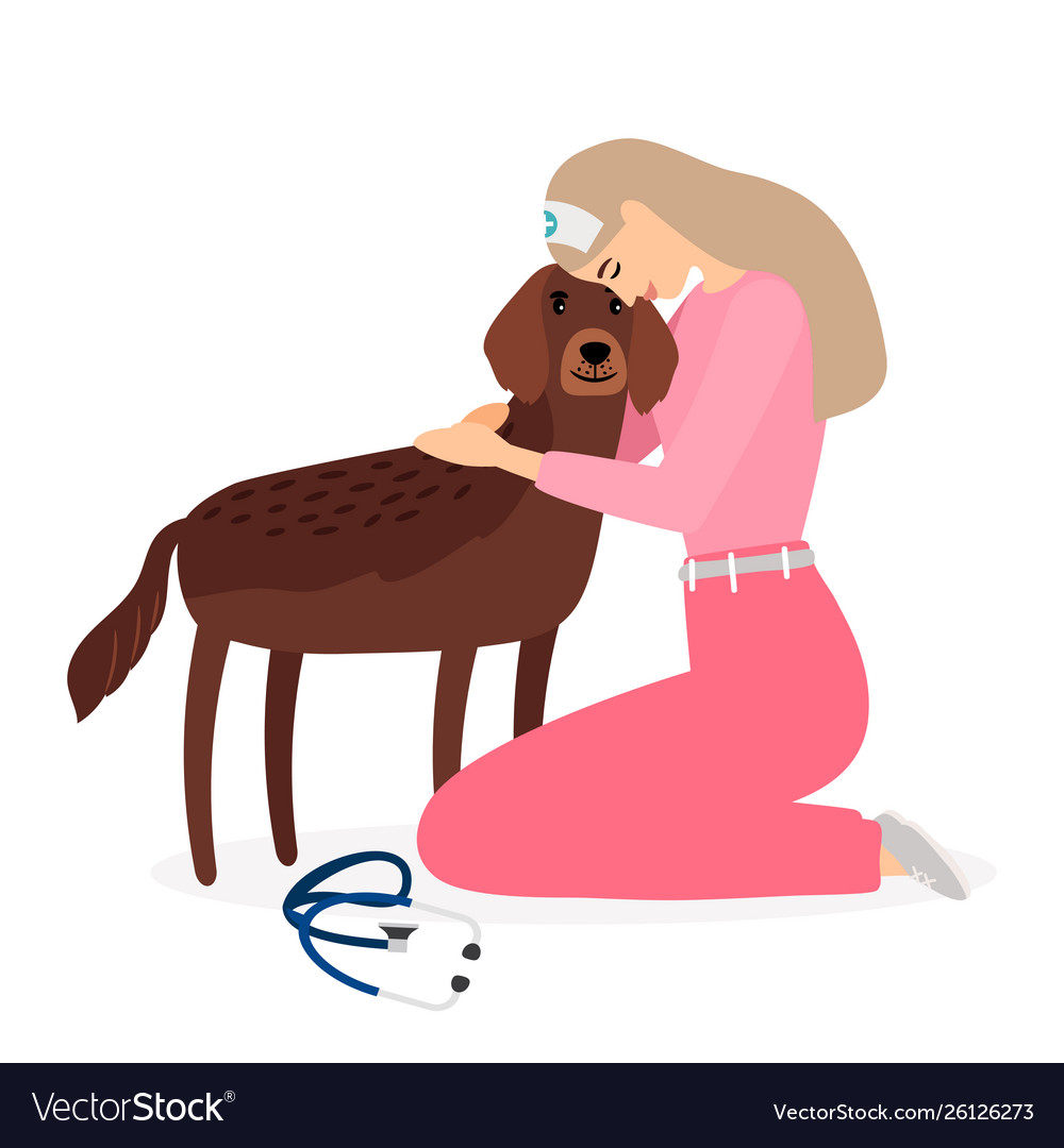 Woman veterinarian hugging dog