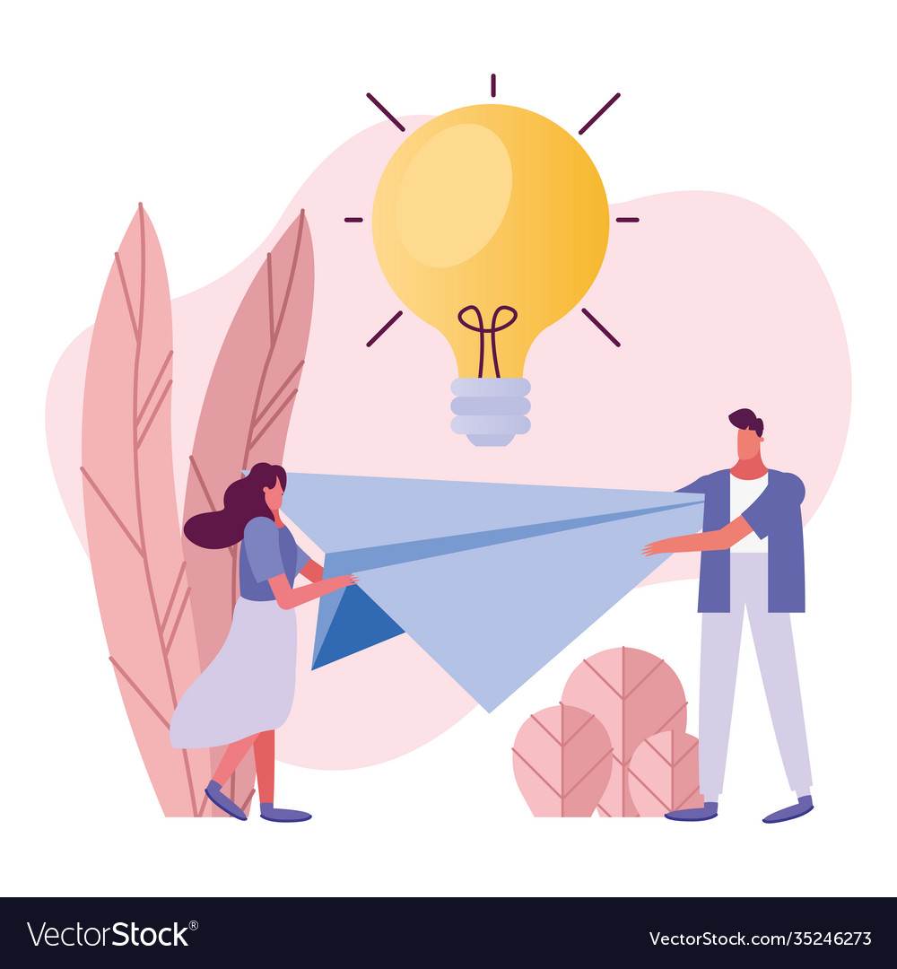 Young couple lifting paper airplane and bulb