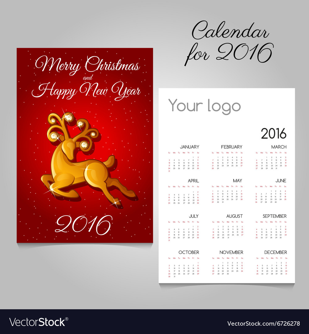 Calendar for 2016 with a golden reindeer Vector Image