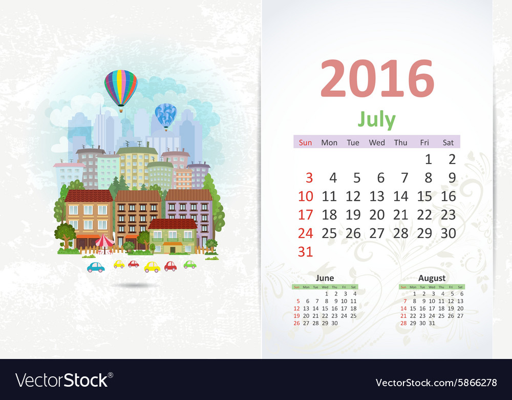 Cute sweet cityscape calendar for 2016 july