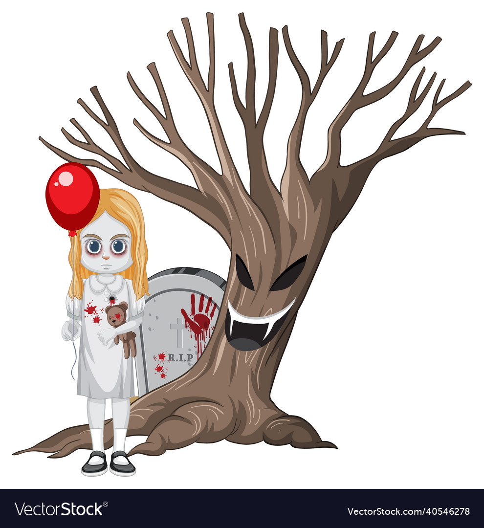 Ghost girl holding red balloon and scary tree Vector Image Ghost girl holding red balloon and scary tree Vector Image