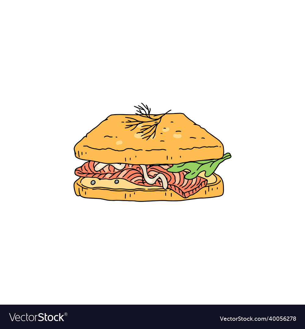 Sandwich with bread and salmon fish hand drawn