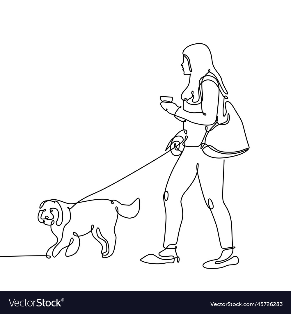 Continuous line drawing of dog and girl walking