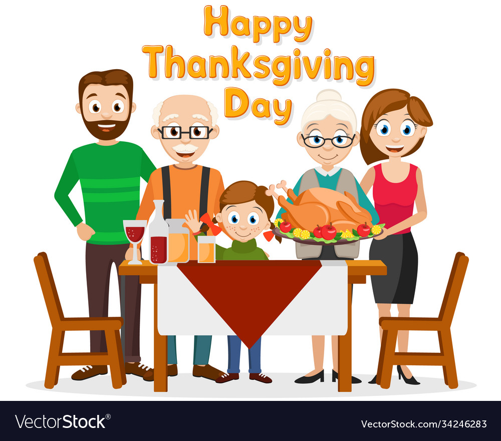 Family with roasted turkey near table Royalty Free Vector