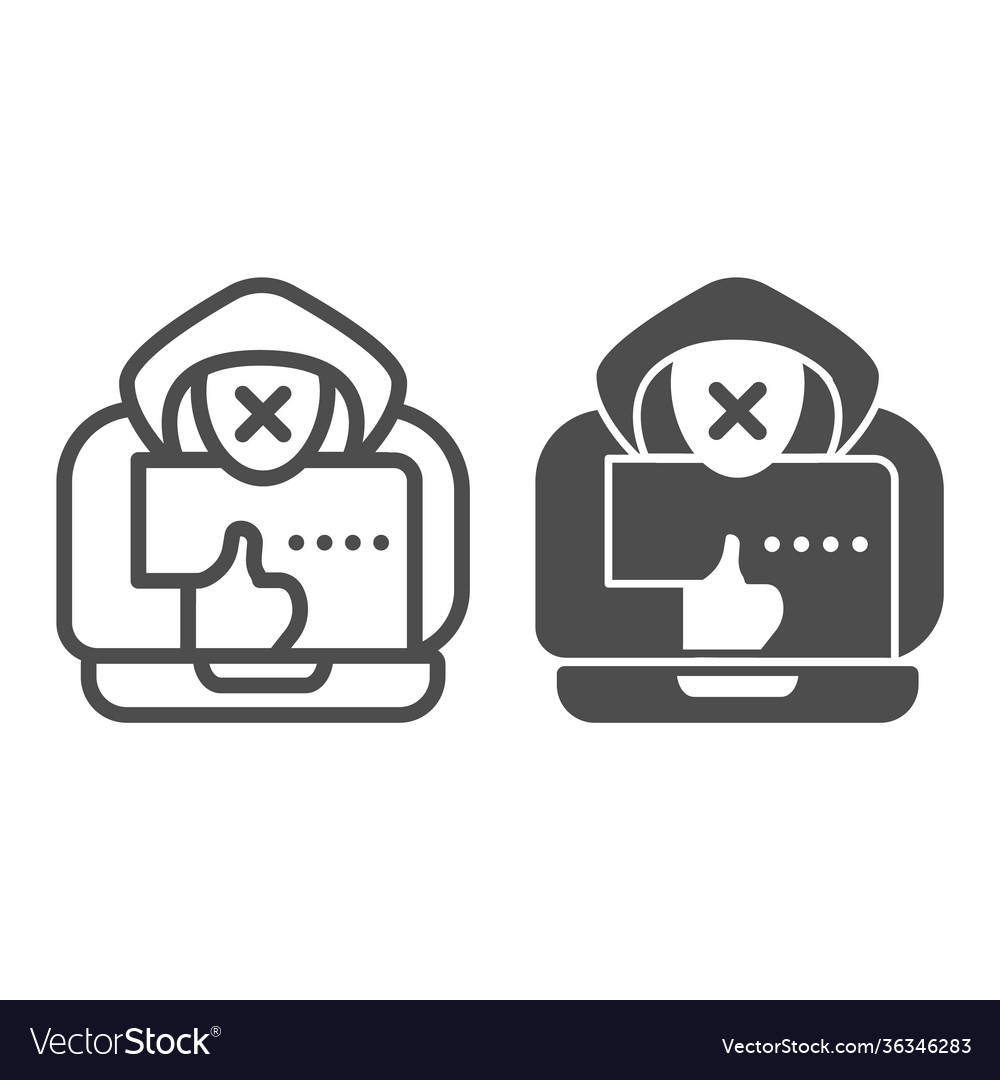 Hacker with a laptop line and solid icon web vector image Hacker with a laptop line and solid icon web