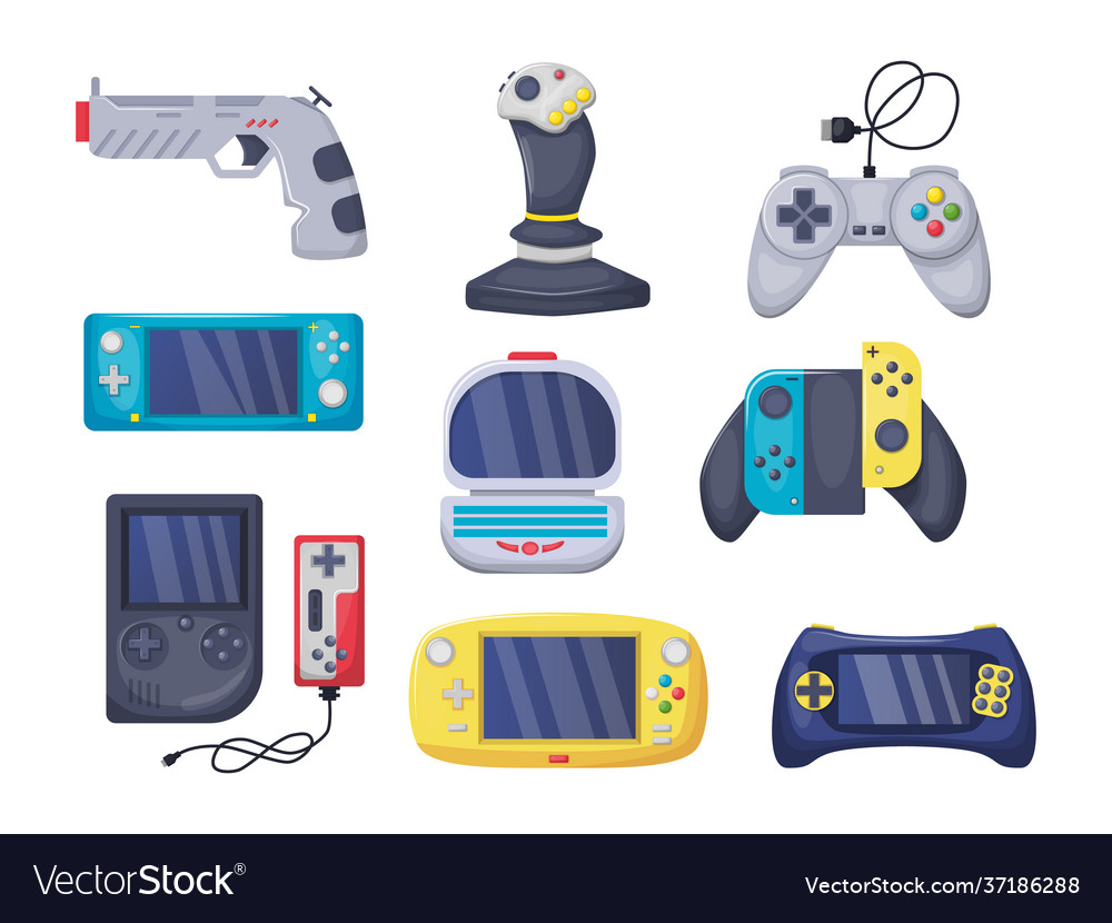 Game console objects set gamepad playing joystick vector image Game console objects set gamepad playing joystick