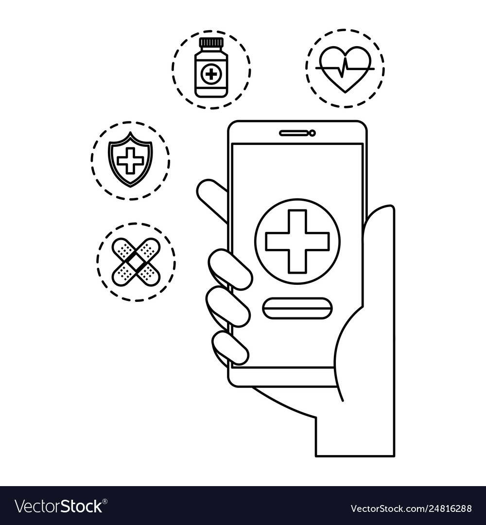 Hand mit Smartphone mit Telemedizin Icons