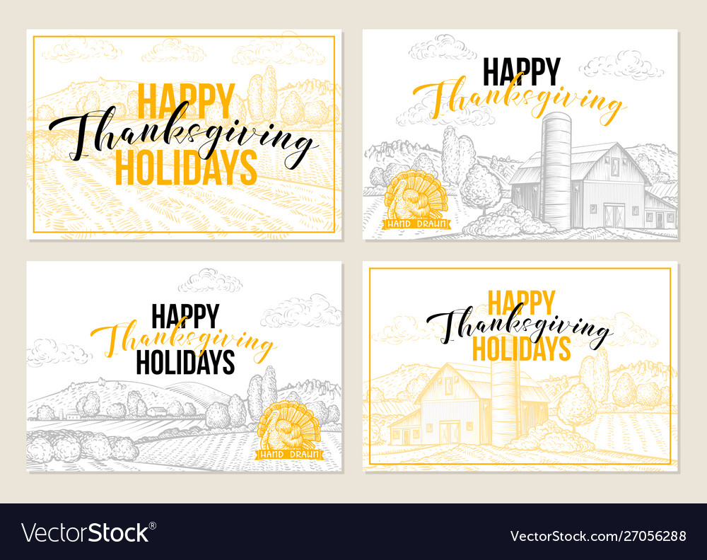 Happy thanksgiving hand drawn greeting cards set vector image Happy thanksgiving hand drawn greeting cards set