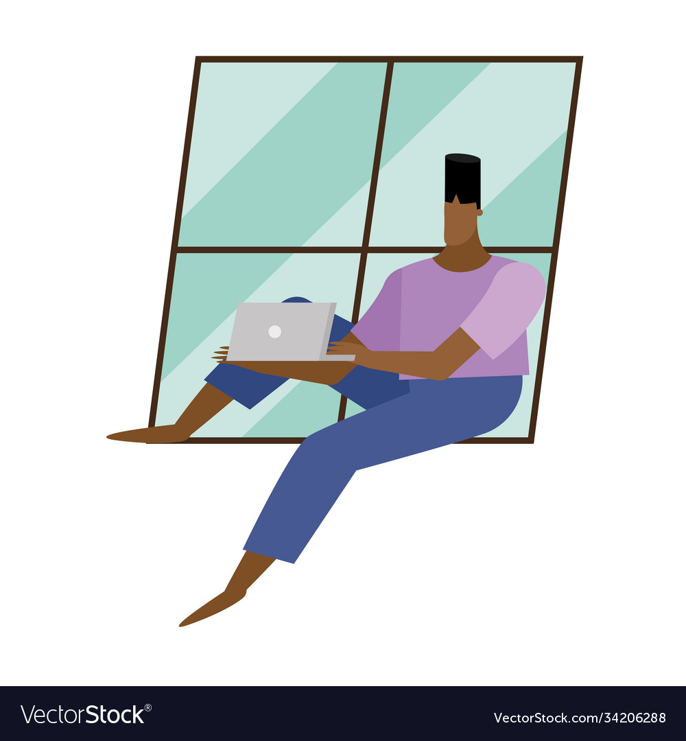 Man with laptop on home window design