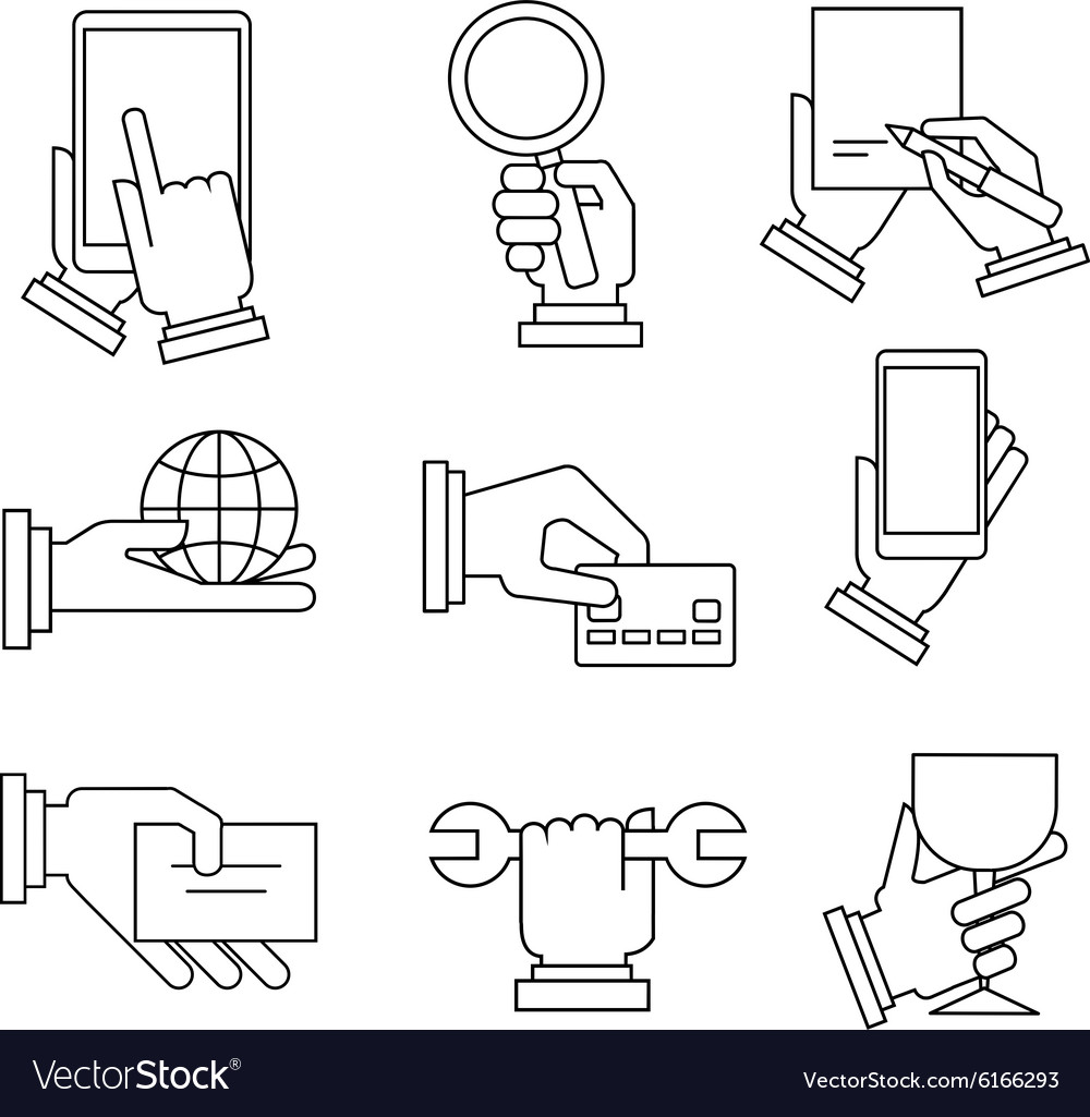 Business icons with hands in linear style